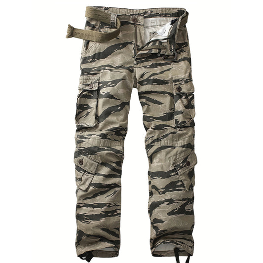 Bolangmicai Desert Recon Camo Cargo Pants in tiger-stripe camo, featuring tactical multi pockets, mid-waist fit, and rugged cotton fabric. Ideal for hiking, safari, military-style, and outdoor missions.